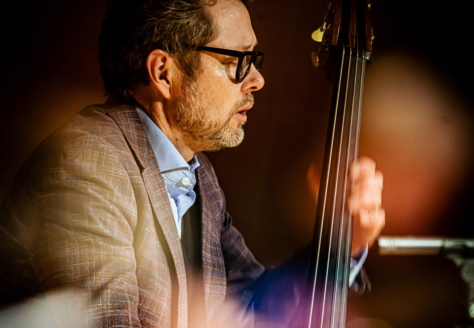 Närbild på man som spelar kontrabas. Fotografi.