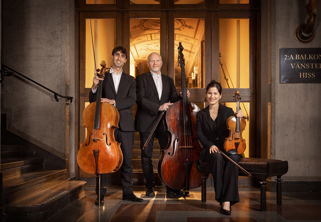 Musicians standing with their instruments. Photo.